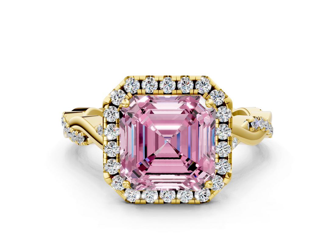 Yellow gold Fancy Pink Asscher  Halo Twist Band Solitaire Ring