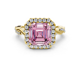 Yellow gold Fancy Pink Asscher  Halo Twist Band Solitaire Ring