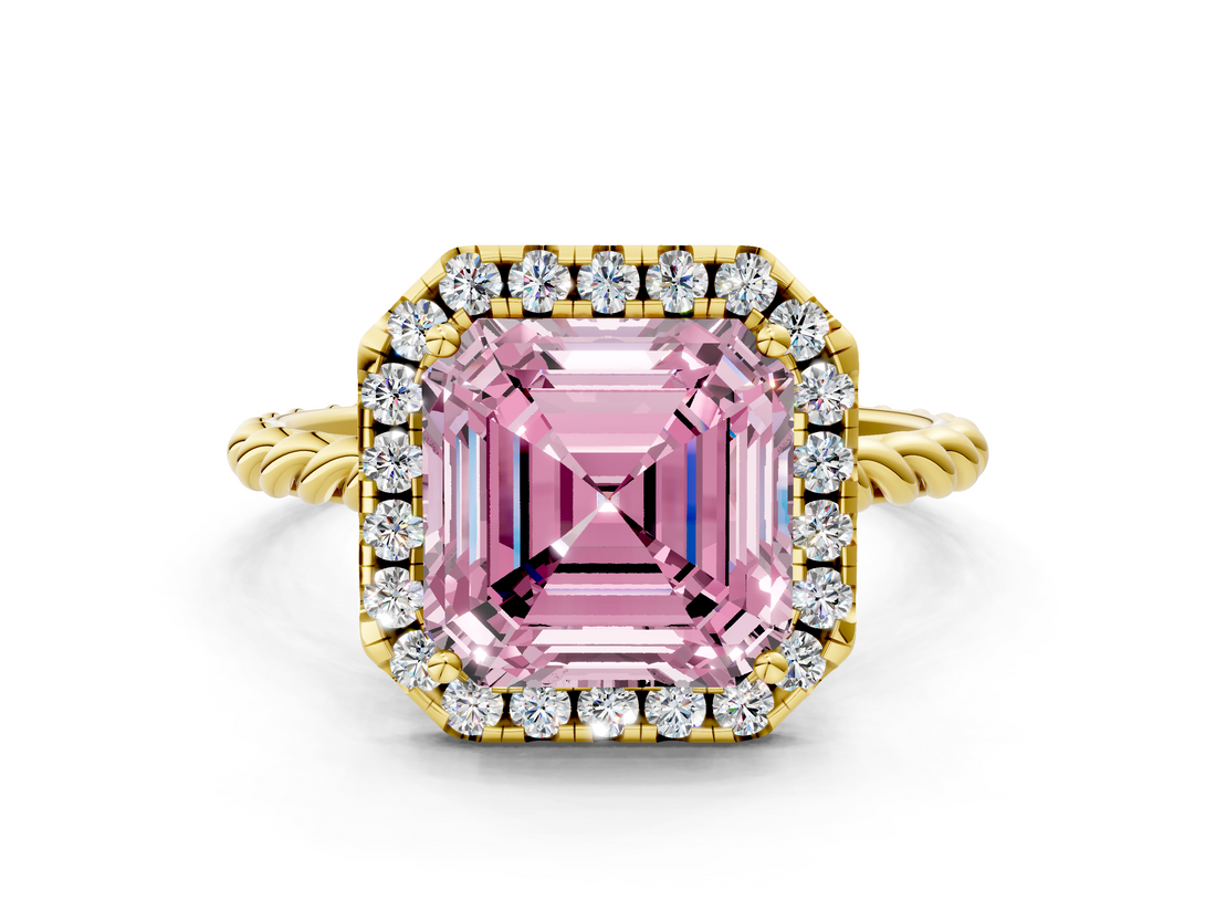 Yellow gold Fancy Pink Asscher  Halo Twisted Band Four-Prong Diamond Ring