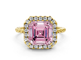 Yellow gold Fancy Pink Asscher  Halo Twisted Band Four-Prong Diamond Ring