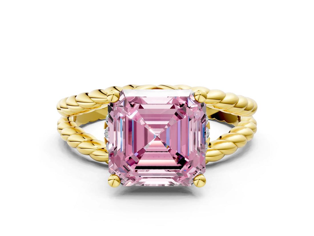 Yellow gold Fancy Pink Asscher  Halo Twisted Band Four-Prong Ring_33