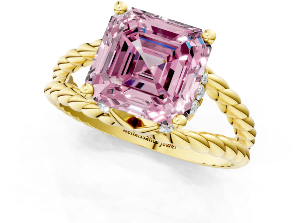 Yellow Gold Asscher Cut Engagement Ring Setting for Fancy Pink Center with Rope Split Shank