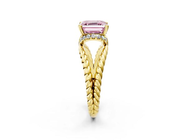 Yellow Gold Asscher Cut Engagement Ring Setting for Fancy Pink Center with Rope Split Shank