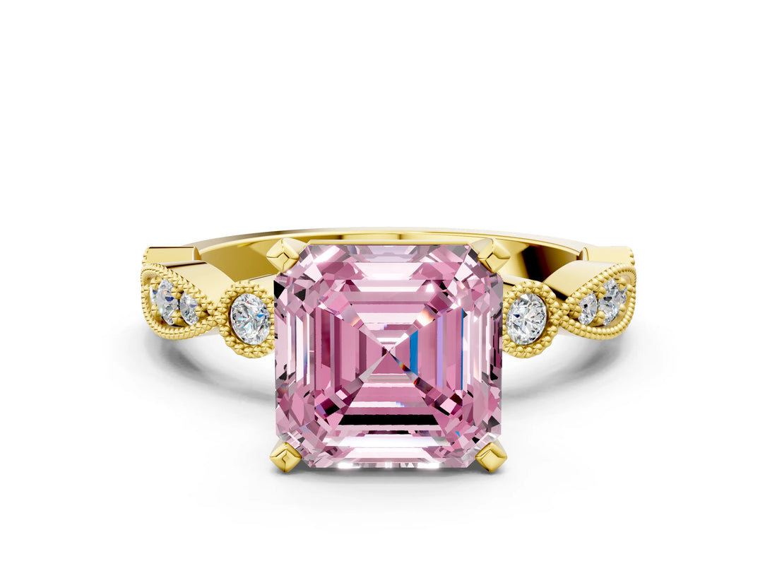 Yellow gold Fancy Pink Asscher  Milgrain Bezel Diamond Engagement Ring with Solitaire Prong Setting_29
