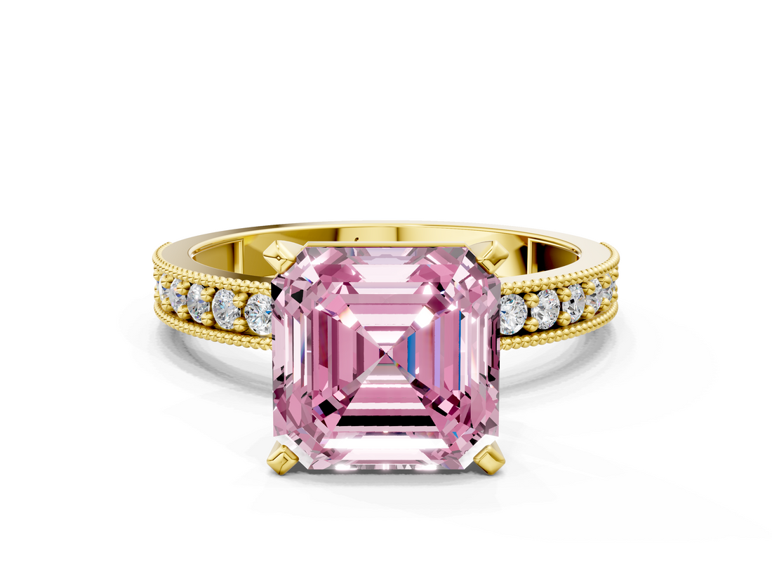 Yellow gold Fancy Pink Asscher  Milgrain Pave Diamond Engagement Ring with Four-Prong Setting