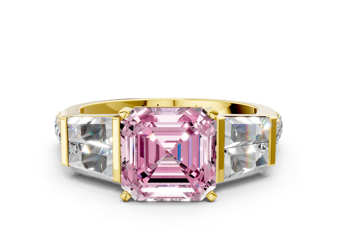 Yellow gold Fancy Pink Asscher  Solitaire Baguette Side Stone Channel Set Engagement Ring