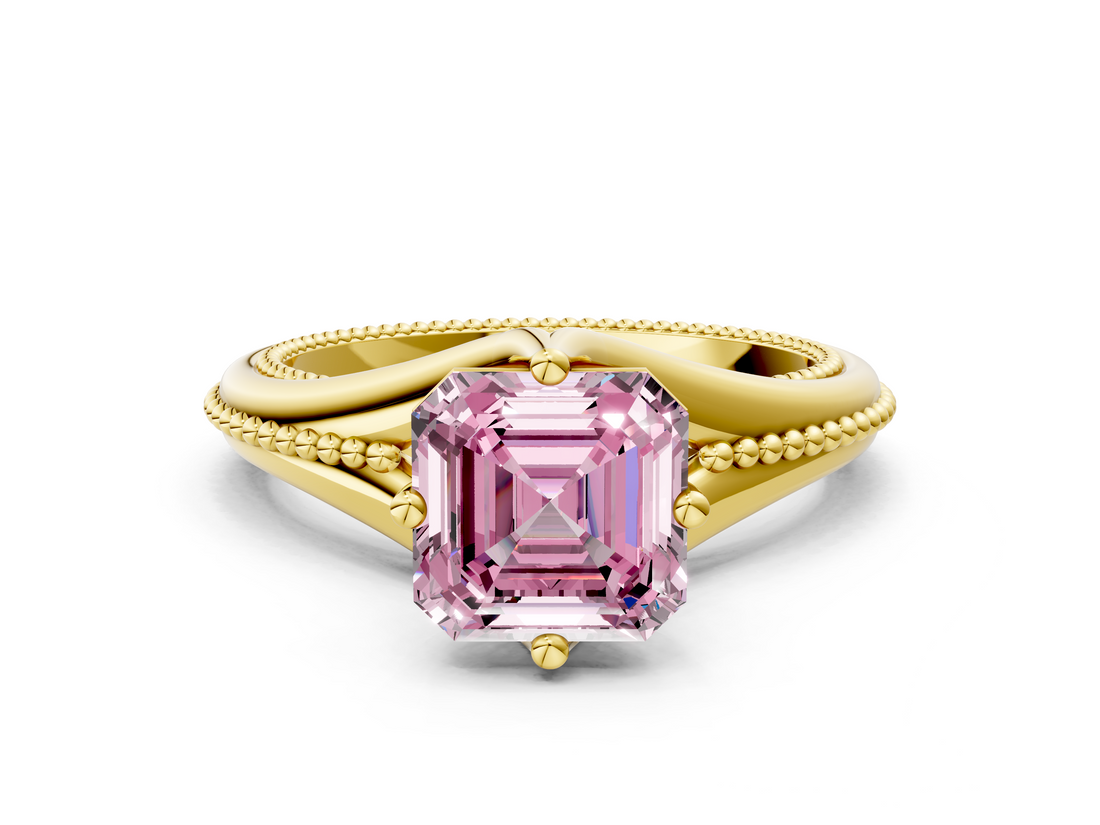 Yellow gold Fancy Pink Asscher  Solitaire Beaded Band Six-Prong Setting