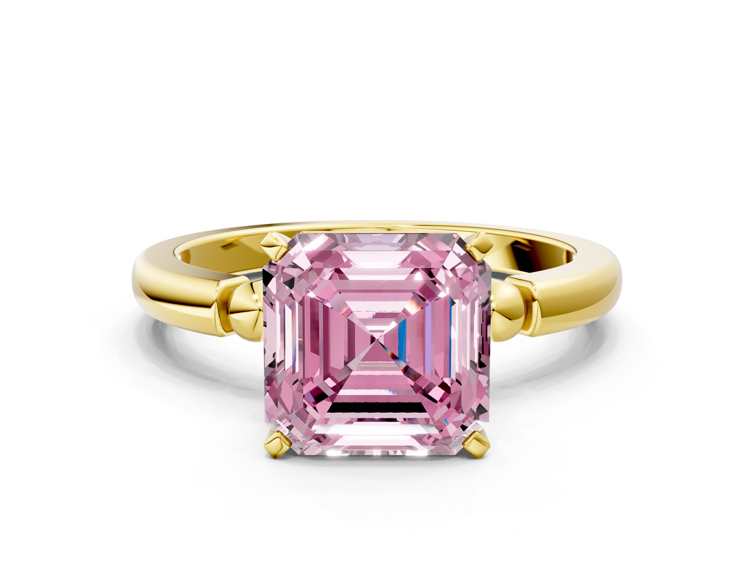 Yellow gold Fancy Pink Asscher  Solitaire Beaded Band with Four-Prong Setting