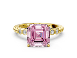 Yellow gold Fancy Pink Asscher  Solitaire Bezel Accent Diamond Engagement Ring with Beaded Band and Four-Prong Setting