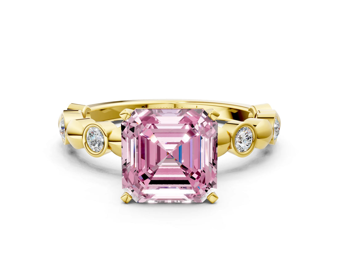 Yellow gold Fancy Pink Asscher  Solitaire Bezel-Set Diamond Ring with Beaded Band and Four-Prong Setting_81