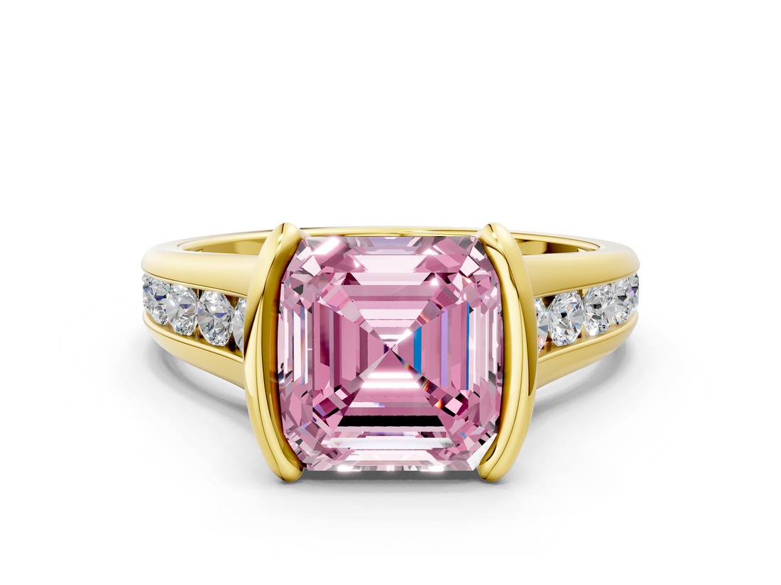 Yellow gold Fancy Pink Asscher  Solitaire Bezel-Set Diamond Ring with Channel-Set Band_17
