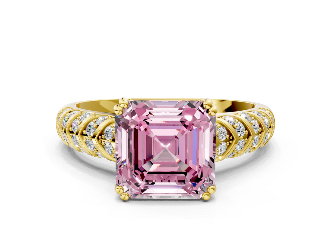 Yellow gold Fancy Pink Asscher  Solitaire Chevron Pave Diamond Engagement Ring with Six-Prong Setting_3