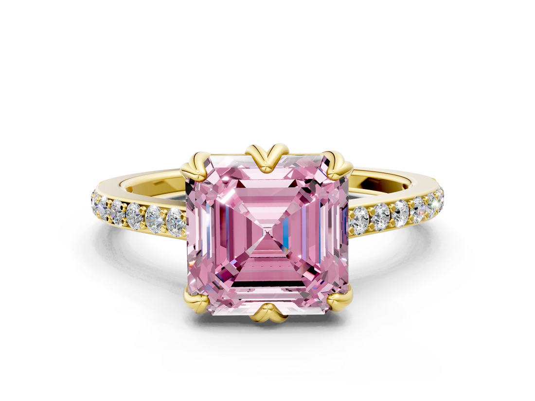 Yellow gold Fancy Pink Asscher  Solitaire Diamond Engagement Ring with Pave Band and Six-Prong Setting