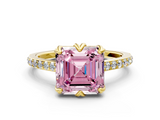 Yellow gold Fancy Pink Asscher  Solitaire Diamond Engagement Ring with Pave Band and Six-Prong Setting
