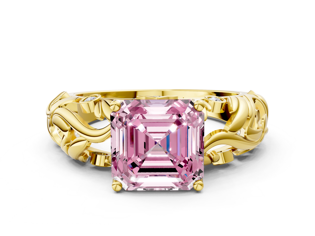 Yellow gold Fancy Pink Asscher  Solitaire Diamond Leaf Vine Band with Prong Setting_16