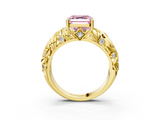 Yellow gold Fancy Pink Asscher  Solitaire Diamond Leaf Vine Band with Prong Setting_19
