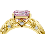 Yellow gold Fancy Pink Asscher  Solitaire Diamond Leaf Vine Band with Prong Setting_20