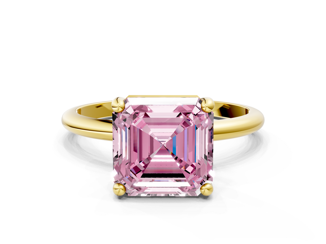 Yellow gold Fancy Pink Asscher  Solitaire Diamond Ring with 4-Prong Setting on a Classic Band_3