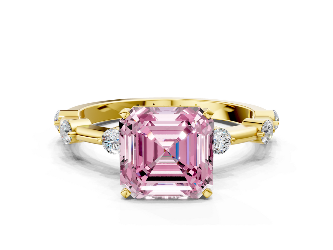 Yellow gold Fancy Pink Asscher  Solitaire Diamond Ring with Bezel Set Side Stones and Prong Setting