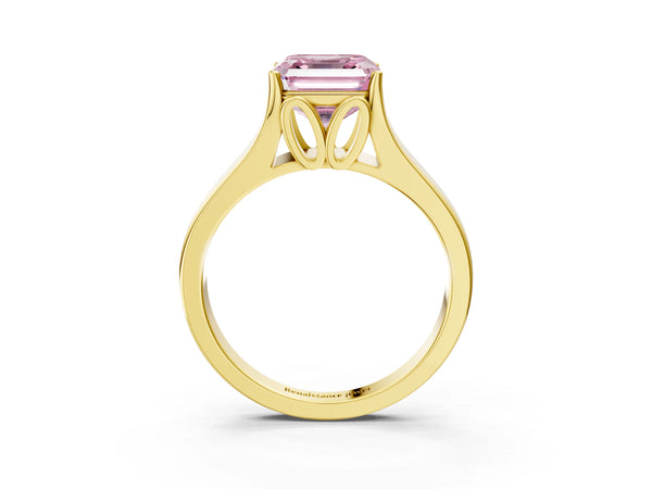 Yellow Gold Asscher Cut Cathedral Solitaire Engagement Ring Setting for Fancy Pink Center with Split Shoulders