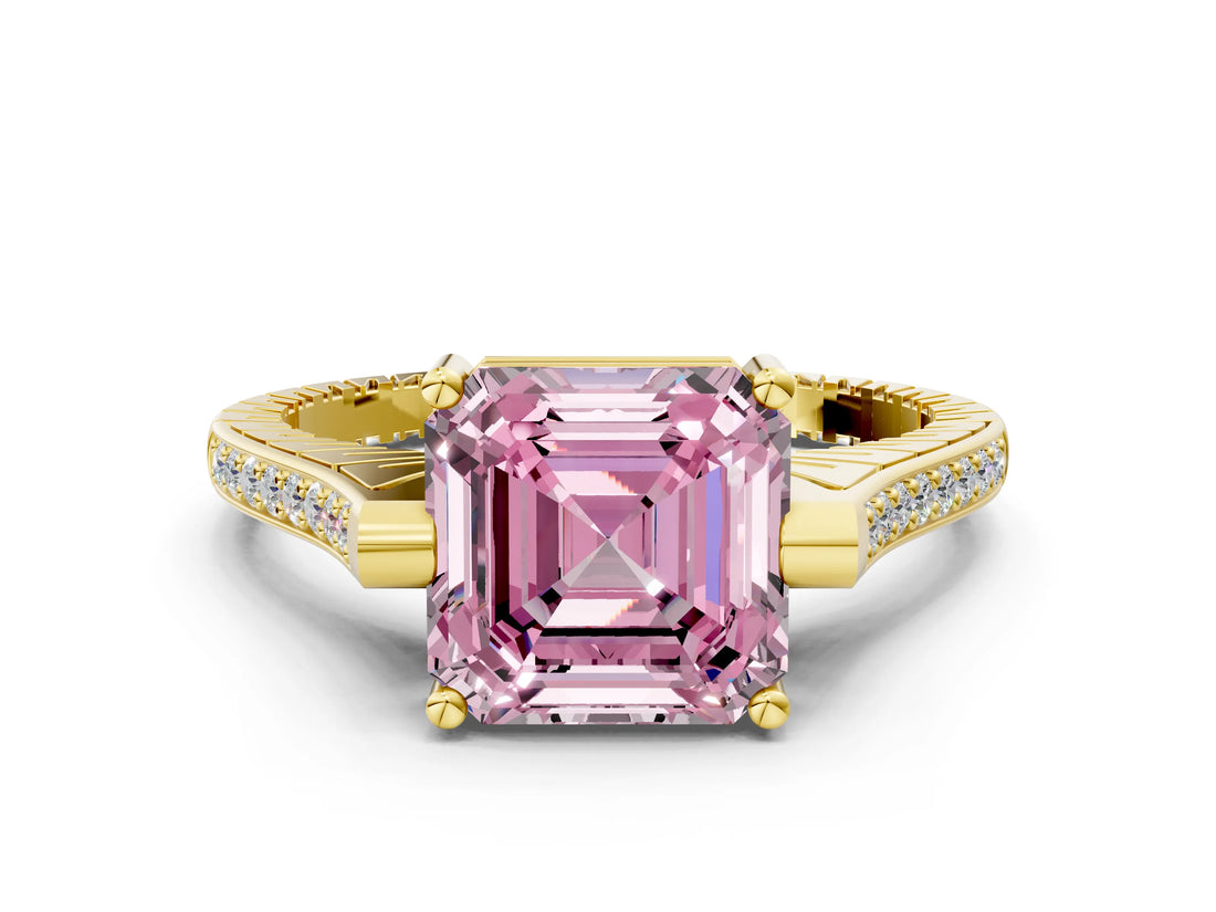 Yellow gold Fancy Pink Asscher  Solitaire Diamond Ring with Channel Set Band and Bezel Prong Setting_56