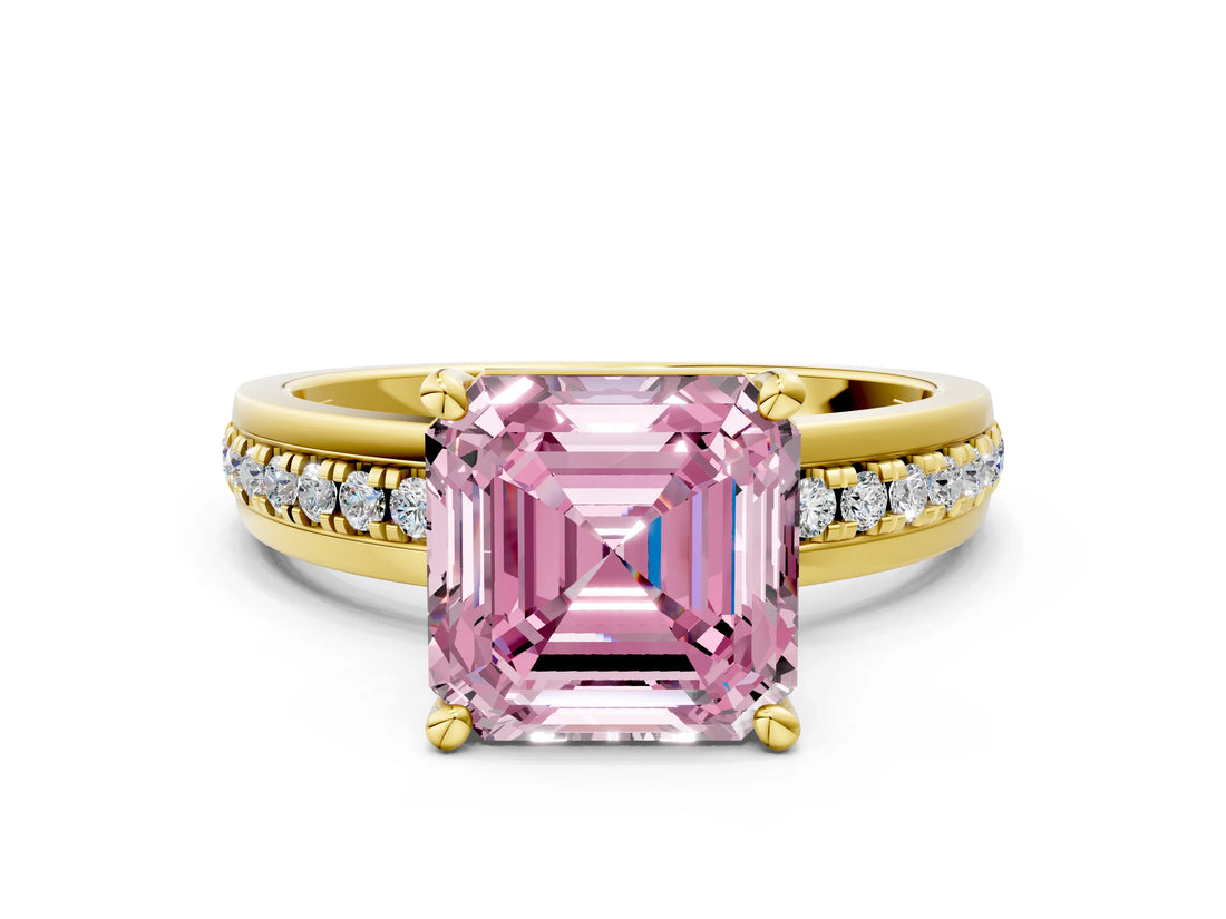 Yellow gold Fancy Pink Asscher  Solitaire Diamond Ring with Channel Set Band and Six-Prong Setting_47
