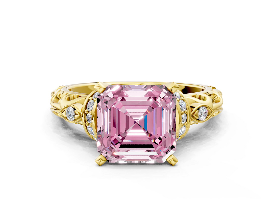 Yellow gold Fancy Pink Asscher  Solitaire Diamond Ring with Filigree Band and Four-Prong Setting