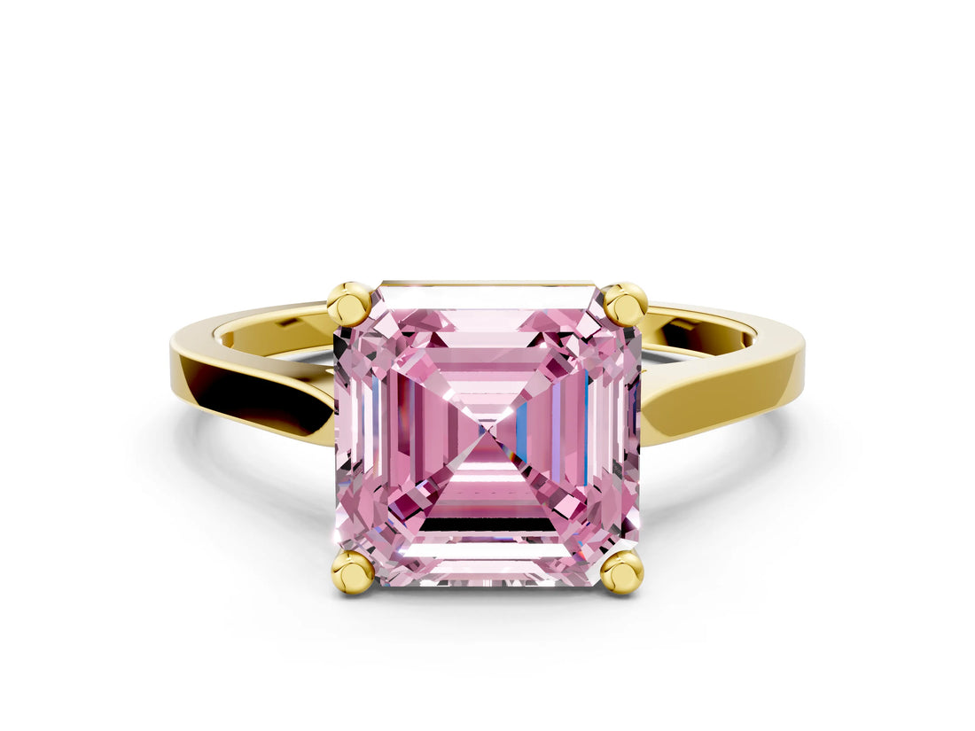 Yellow gold Fancy Pink Asscher  Solitaire Diamond Ring with Four-Prong Setting and Tapered Band 1