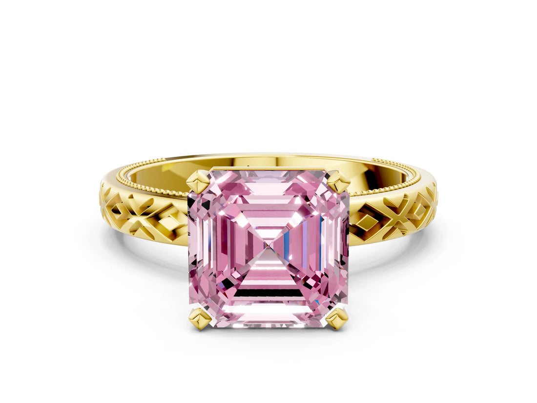 Yellow gold Fancy Pink Asscher  Solitaire Diamond Ring with Milgrain and Black Enamel X Pattern Band_44
