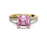 Yellow gold Fancy Pink Asscher  Solitaire Diamond Ring with Pavé Band and Four-Prong Setting