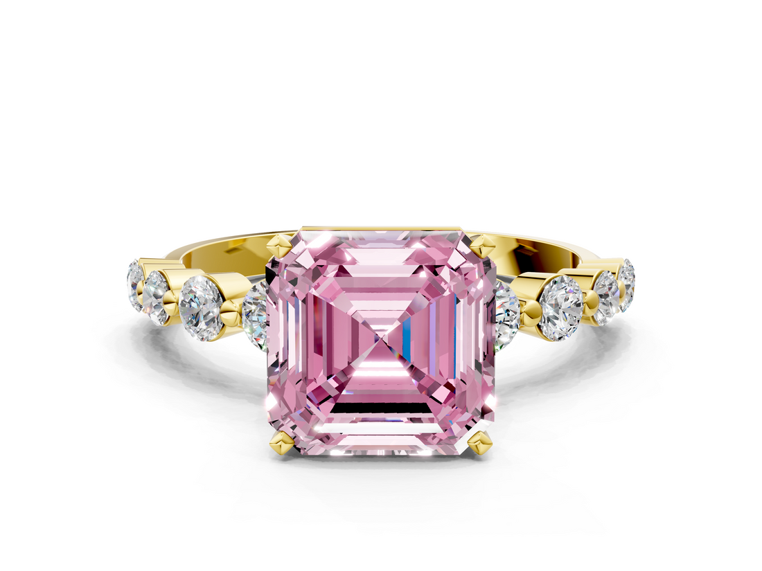 Yellow gold Fancy Pink Asscher  Solitaire Diamond Ring with Pave Band and Four-Prong Setting_17