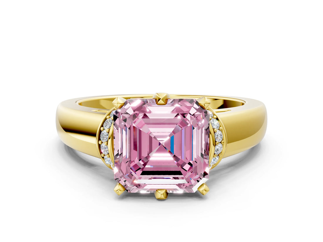 Yellow gold Fancy Pink Asscher  Solitaire Diamond Ring with Pave Band and Six-Prong Setting_30