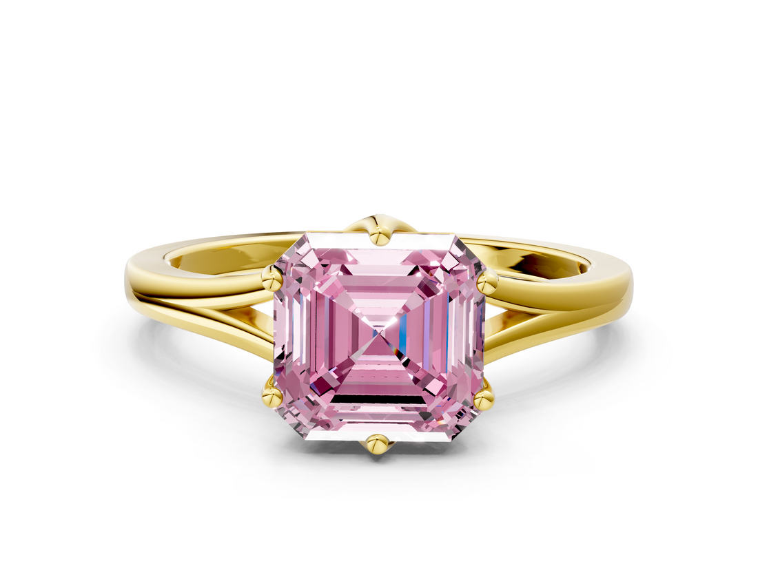 Yellow gold Fancy Pink Asscher  Solitaire Diamond Ring with Six-Prong Setting and Tapered Band_17