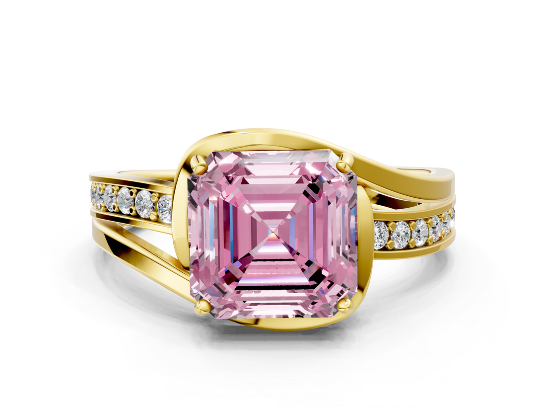 Yellow gold Fancy Pink Asscher  Solitaire Diamond Ring with Split Shank and Prong Setting