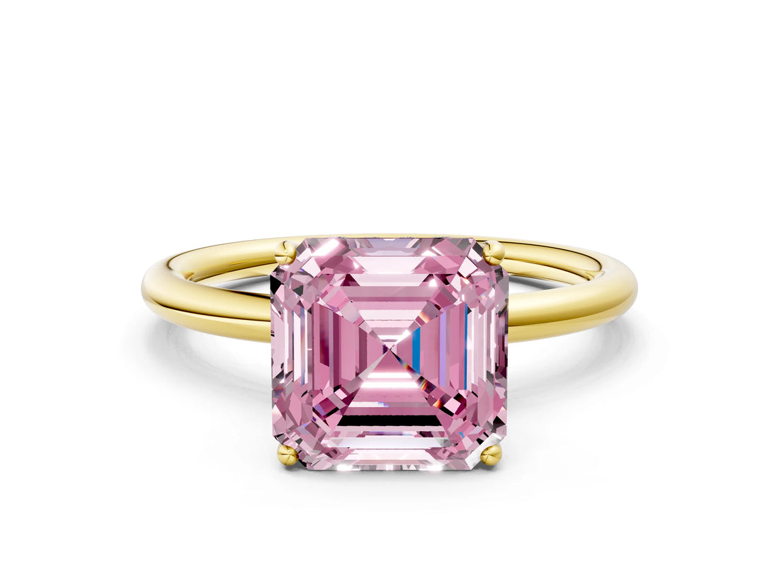 Yellow gold Fancy Pink Asscher  Solitaire Diamond Ring with a Classic Band and Four-Prong Setting