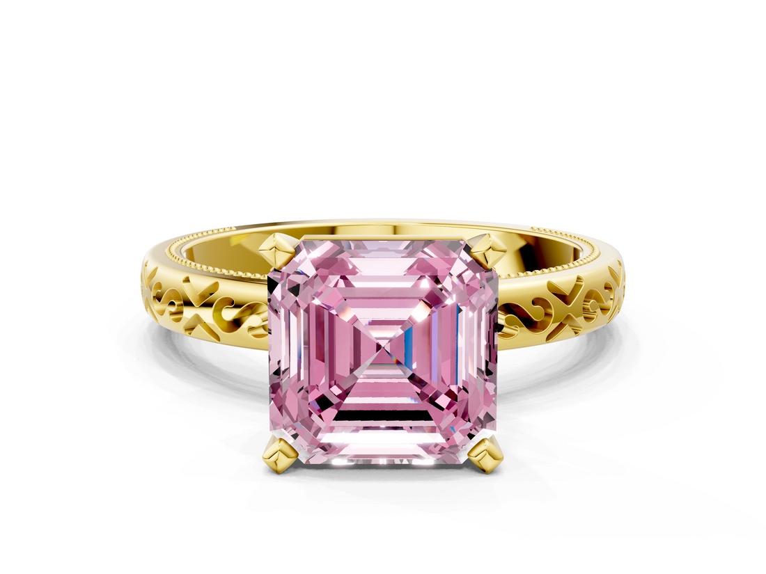 Yellow gold Fancy Pink Asscher  Solitaire Engagement Ring with Scrollwork Band and Four-Prong Setting_23