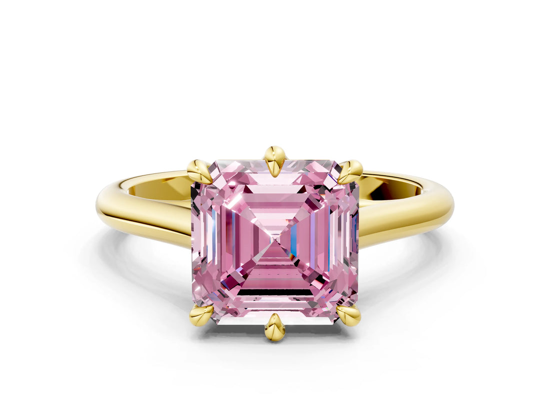 Yellow gold Fancy Pink Asscher  Solitaire Engagement Ring with Six-Prong Setting and Classic Band