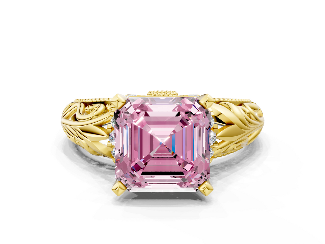 Yellow gold Fancy Pink Asscher  Solitaire Filigree Engagement Ring with Halo and Prong Setting_22