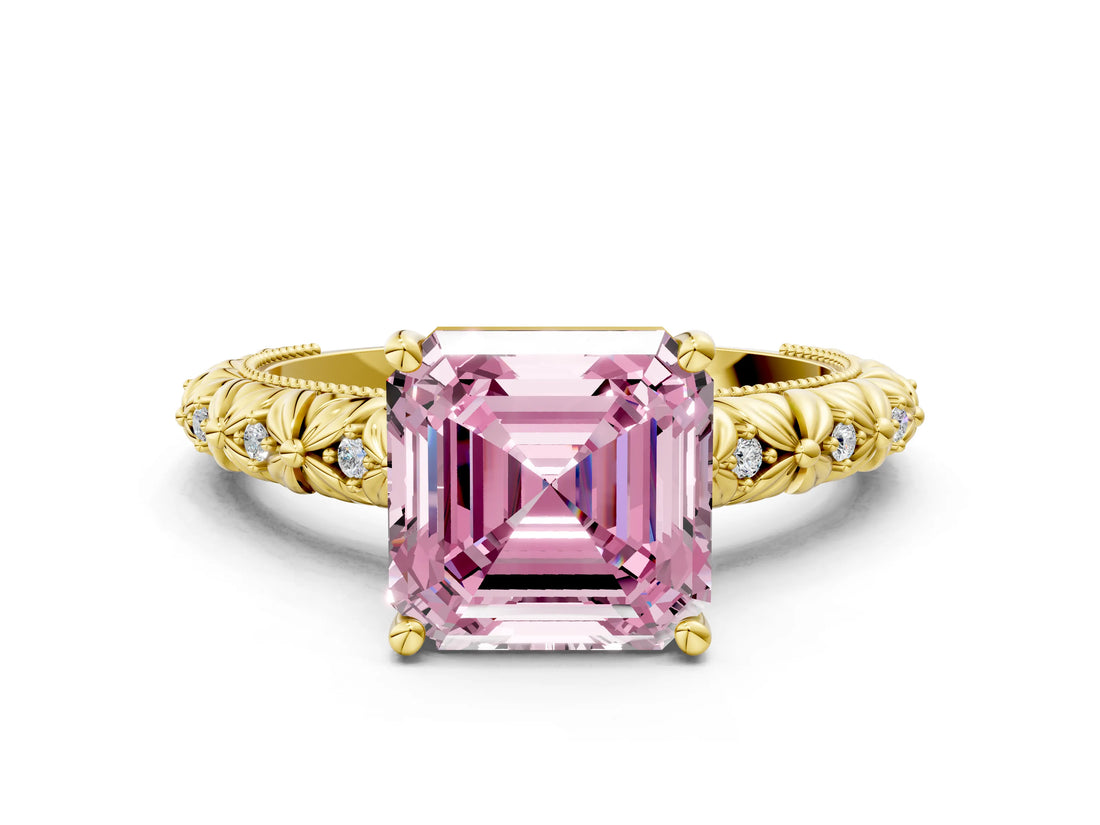 Yellow gold Fancy Pink Asscher  Solitaire Floral Milgrain Engagement Ring_32