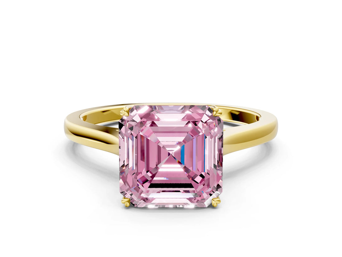 Yellow gold Fancy Pink Asscher  Solitaire Heart Prong Engagement Ring with Tapered Band_89