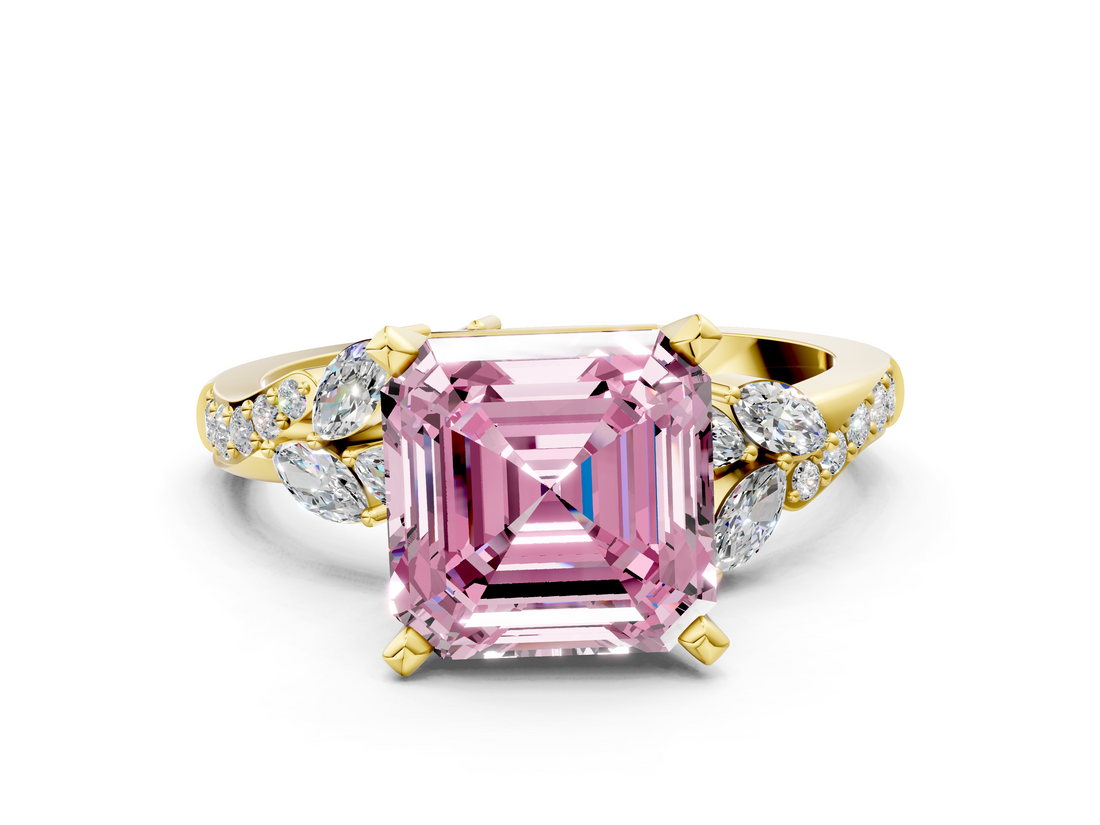 Yellow gold Fancy Pink Asscher  Solitaire Marquise Twist Band with Six-Prong Setting