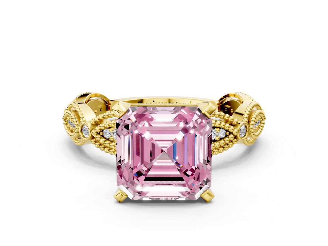 Yellow gold Fancy Pink Asscher  Solitaire Milgrain Diamond Engagement Ring with Bezel and Marquise Band