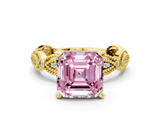 Yellow gold Fancy Pink Asscher  Solitaire Milgrain Diamond Engagement Ring with Bezel and Marquise Band