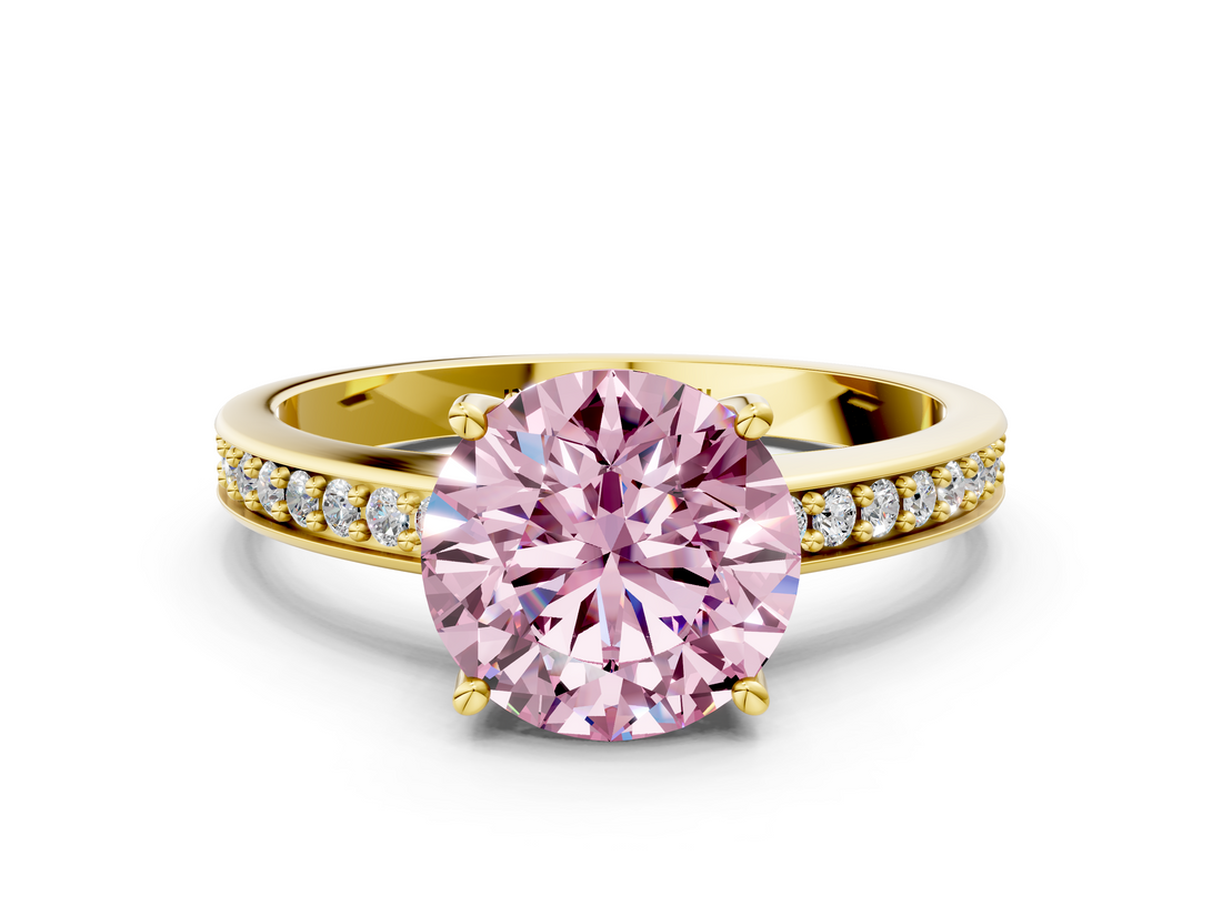Yellow gold Fancy Pink Asscher  Solitaire Pavé Band Prong Setting Ring