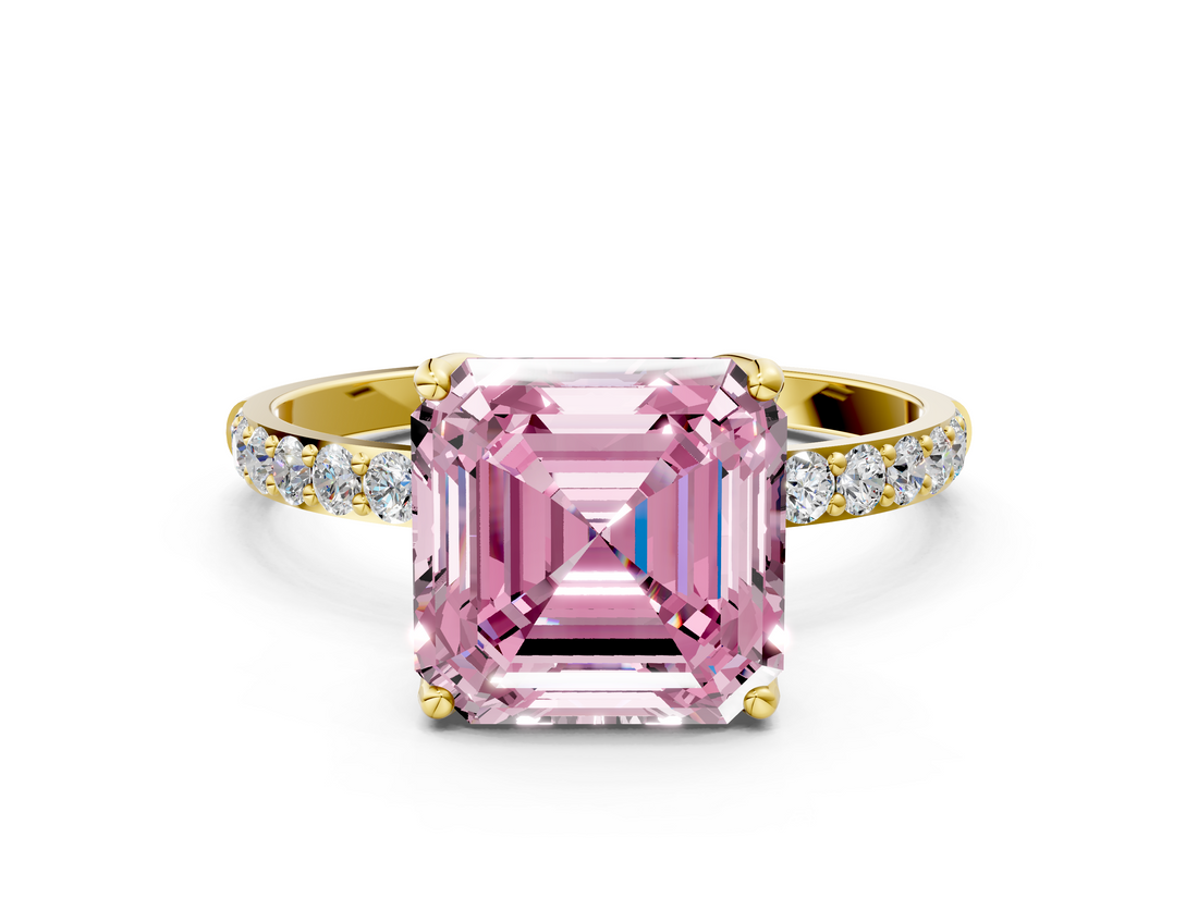 Yellow gold Fancy Pink Asscher  Solitaire Pavé Diamond Engagement Ring with Four-Prong Setting_34