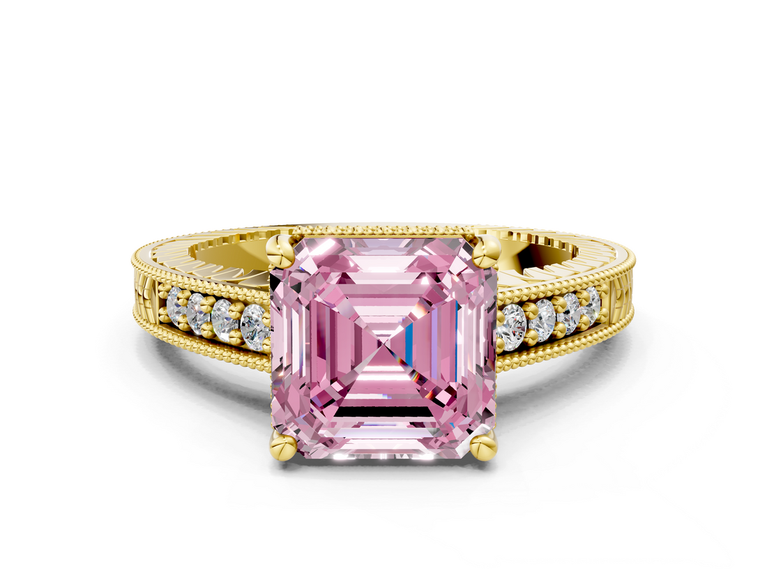 Yellow gold Fancy Pink Asscher  Solitaire Pavé Diamond Milgrain Engagement Ring with Four-Prong Setting