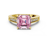 Yellow gold Fancy Pink Asscher  Solitaire Pavé Diamond Milgrain Engagement Ring with Four-Prong Setting