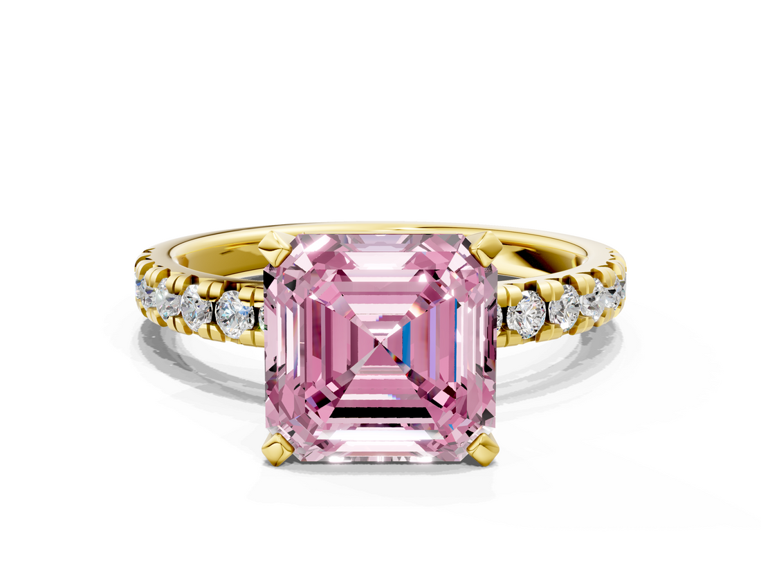 Yellow gold Fancy Pink Asscher  Solitaire Pave Diamond Engagement Ring with Four-Prong Setting
