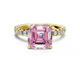 Yellow gold Fancy Pink Asscher  Solitaire Pave Diamond Engagement Ring with Four-Prong Setting