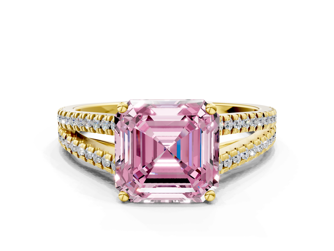 Yellow gold Fancy Pink Asscher  Solitaire Split Shank Pavé Diamond Engagement Ring_34